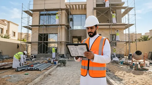 مقاول بناء وترميم يفحص شقوق الجدران تمهيداً لبدء الترميم في الرياض